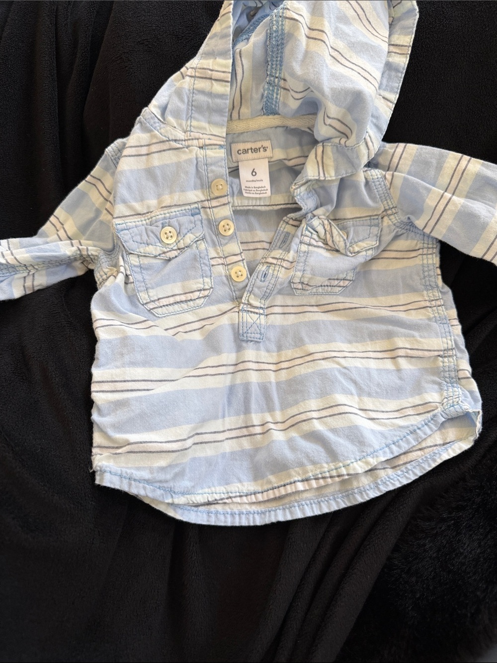 Carter's Light Blue and White Striped Hooded Button-Front Shirt